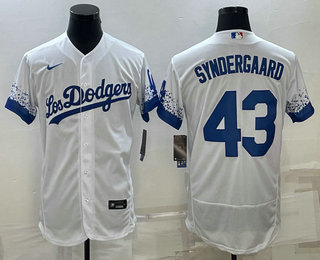 Mens Los Angeles Dodgers #43 Noah Syndergaard White 2022 City Connect Flex Base Stitched Jersey
